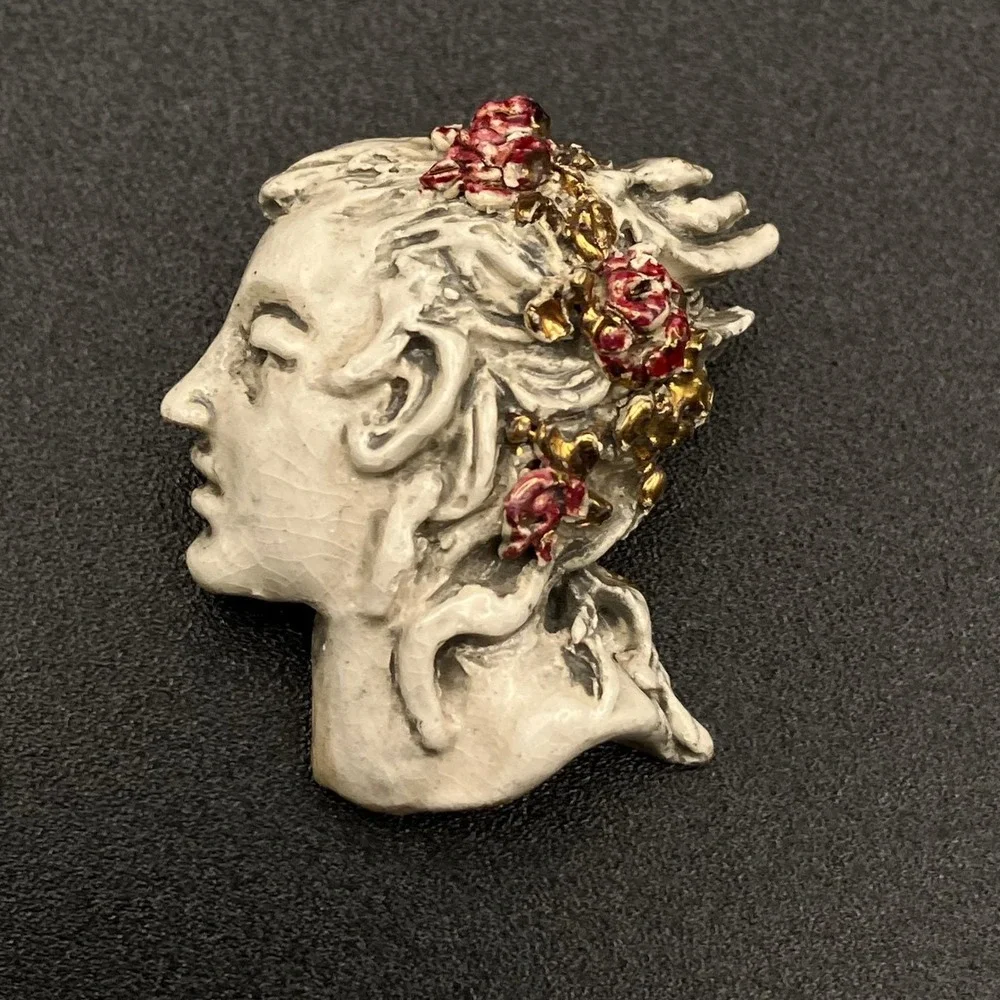 Vintage Artisan Maiden Nymph Brooch Pin Signed Deur Art Nouveau Ceramic